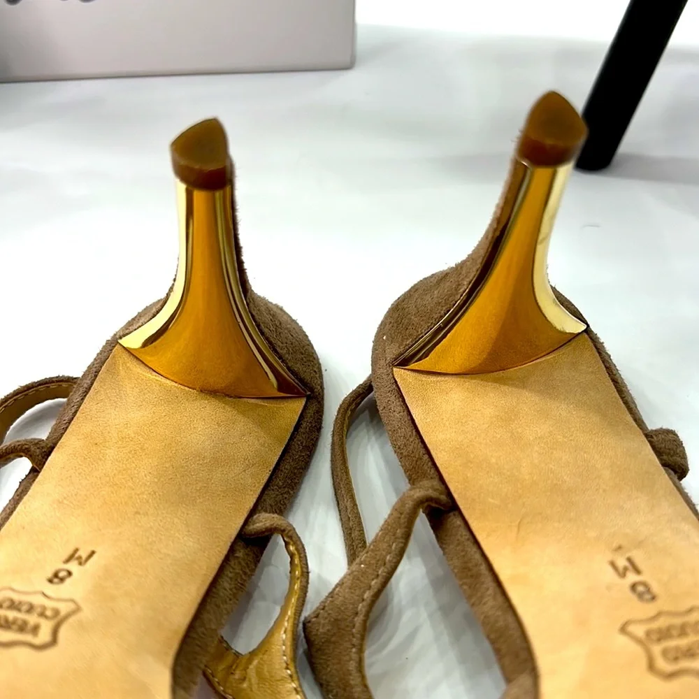 Van Eli Brown and Tan T-Strap Color-Block Suede High Heels, Size 8